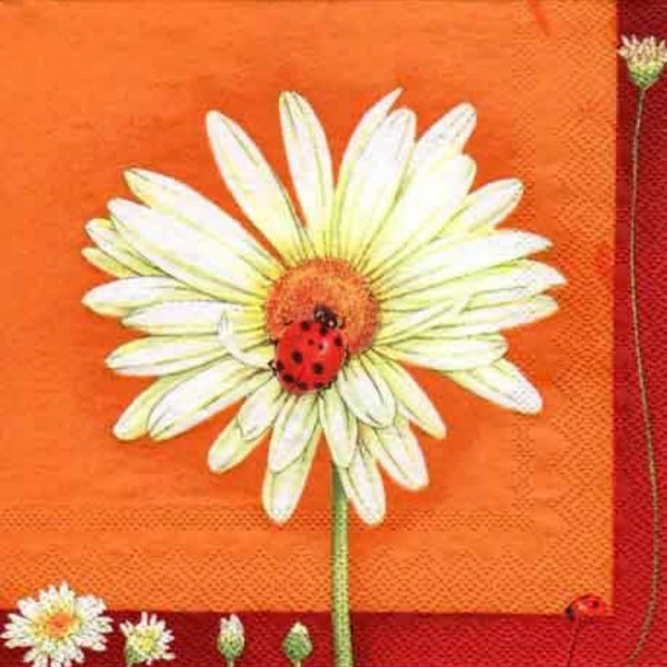 4 serviettes de table pour découpage, lot de 4 serviettes en papier, 33 x 33 cm (13 pouces), serviette de table - Marguerite avec coccinelle, fleur de marguerite, serviette