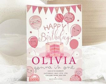 May include: Pink birthday party invitation featuring a pink cake and balloons with happy faces. The text reads "Happy Birthday Olivia gonna is one" and includes the date, time, and location of the party.