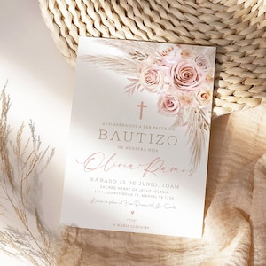 Invitación Bautizo, Invitación Boho Rose Floral y Pampas Grass a Niñas Bautizo, Invitación Bautizo Rosa Editable y Digital
