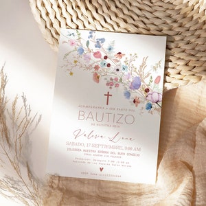 Bautizo Invitation de Bautismo Para Niñas con Flores, Invitación de Bautismo Rosa Para Niñas, Plantilla de Invitación de Bautismo Editable