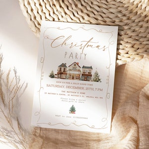 Christmas Party Invitation, Merry and Bright Classic Christmas Invitation, Editable Christmas Party Invitation, Home and Tree illustrations