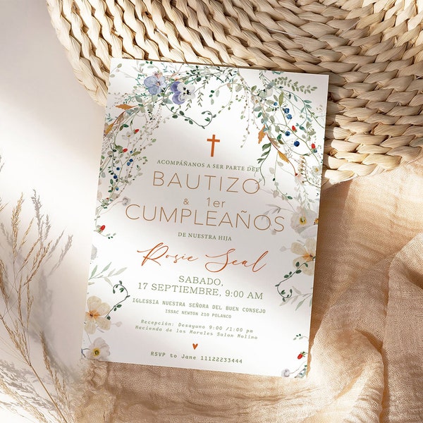 Bautizo Invitation Floral, First Birthday Invitation,  Wildflower Bautizo and 1er Cumpleaños Invitation, Editable Girls Bautizo Invitation