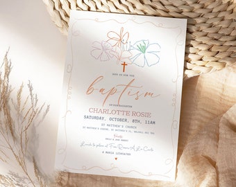 Modern Christening Invite, Girls Christening Floral Invitation, Floral Baptism Invitation, Minimalist Christening, Editable Baptism Invite