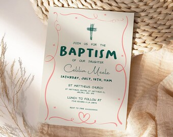 May include: A baptism invitation with a pink and green colour scheme. The invitation features a cross, the text "Join us for the Baptism of our daughter Celilia Mecle", and the date and time of the event. The invitation also includes the location of the event, St. Matthews Church, and the time of the lunch to follow.