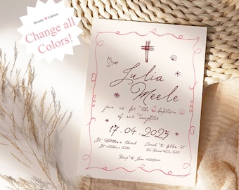 May include: A white card with pink lettering announcing a christening for Julia Meele on 17th April 2025. The card features a cross, a dove, and seashells.