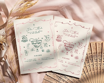 May include: Two cream-colored baptism invitations with pink and green illustrations. The invitations feature the text "Jolie Mule" and "Join us for the baptism of our daughter".