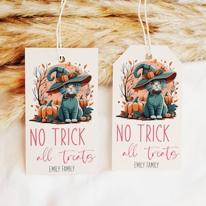 Halloween Tags, Editable Halloween Tag, Halloween Favors Tag, Halloween Ghost and Pumpkins Cat Illustration Tag, Kids Gift Favor Tags