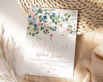 Pink Floral Baptism Invitation: Editable Christening Invite (Digital Download)