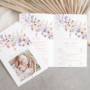 May include: A floral baptism program with a photo of a baby girl. The program includes the order of service for the baptism, including the readings, prayers, and hymns. The program is decorated with a watercolor floral border.