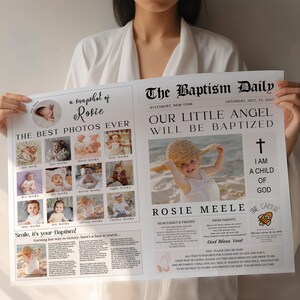 May include: A newspaper-style printable for a baby's baptism. The headline reads "The Baptism Daily" with the date and location. The subheading reads "Our Little Angel Will Be Baptized". The main image is a photo of a baby girl wearing a straw hat. The text "I am a child of God" is printed below the photo. The text "Rosie Meelie" is printed below the main image. The text "Dear Family & Friends" and "From Parents" is printed below the text "Rosie Meelie". The text "God Bless You!" is printed below the text "From Parents". The text "Time Capsule" is printed in a speech bubble with a rocket ship graphic. The text "Our Best Photos Ever" is printed above a grid of photos of the baby at different ages. The text "Smile, it's your Baptism!" is printed above a photo of the baby in a white dress.