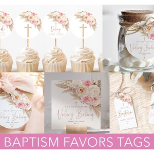 Baptism Favors Tags Bundle in Boho Style, Girl Christening Favors Tag, Cupcake Toppers, Baptism Pink Floral Thank You Tag, Baptism Gift Tag