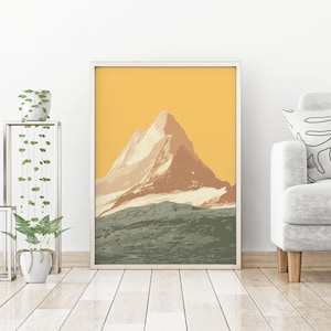 Gallery of Trendy Abstract Printable Switzerland Mountain Poster in Elegant Living Room Interior with Iconic Mountains, Switzerland Wall Art