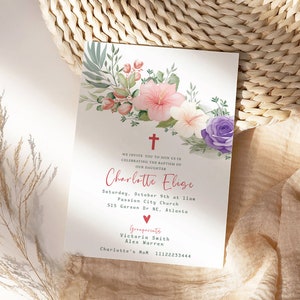 Baptism Invitation Template, Christening Invitation, Colorful Floral Baptism Invite, Printable Invitation Editable by Shop, Girl Boy Baptism