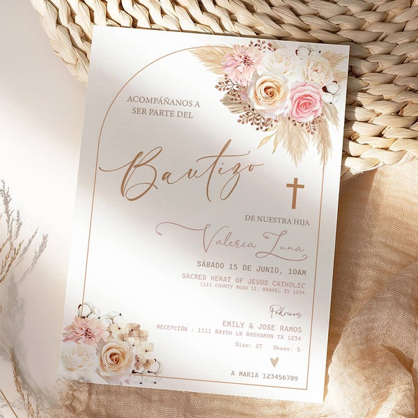 Boho Bautizo Invitation Girls Template, Floral Pampas Grass Baptism Invitation, Printable Christening Invite, Bohemian Bautizo Invitation