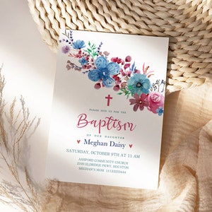Baptism Invitation Template, Christening Invitation, Colorful Floral Baptism Invite, Printable Invitation Editable by Shop, Girl Boy Baptism