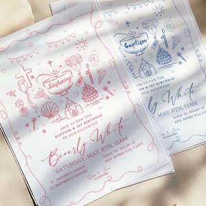 Hand Drawn Baptism & Birthday Invitation with Garden Christening Theme, Customizable Text, Icons , Baby Girl Boy Cozy Stylish Elegant Design