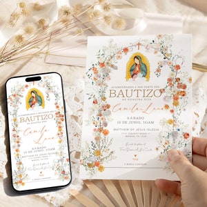 Invitation Bautizo, Invitacione De bautizo Nina, Virgen de Guadalupe Digital Bautizo Invitation espagnol, Invitation floral filles Bautizo