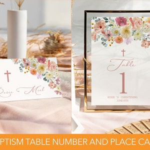 Girls Baptism Table Numbers, Girls Pink Christening Table Numbers, Floral Printable Baptism Place Card, Editable Christening Place Cars