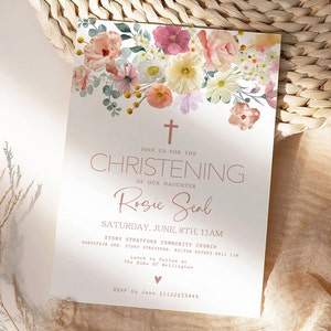 Girls Baptism Invitation, Floral Baptism Invitation Template, Baptismal Pink Floral Baptism, Top Christening Invite in Invitations