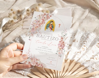 Boho Bautizo Invitation, Boho Floral Pink Invitacione De bautizo Niña Baptism Invitation Girl Spanish, Digital Bautizo Inviation