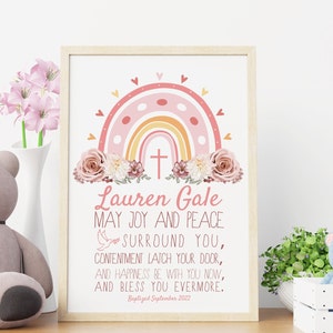 Baptism Gift Girls, Custom Name Baby Dedication Boho Rainbow Gift, Printable Girl Christening Gift Personalized Boho Nursery Wall Art