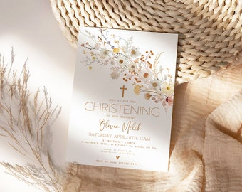 Pink Girls Christening Invitation, Floral Boho Baptism Invitation Template, Printable Christening Invite in Pink Boho Girls Style