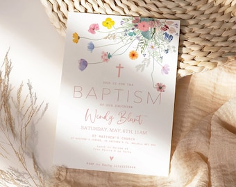 Floral Baptism Invitation: Pink Wildflower Christening Invite (Printable Template)