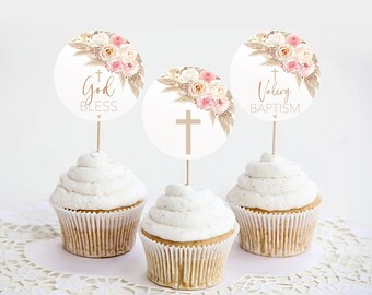 36 Stück Cupcake-Topper – Boho-Stil, Rosa Aprikosen-Floral, Für Taufe, Erstkommunion & Babyparty