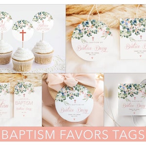 Ensemble d&#39;étiquettes de faveurs pour filles de baptême floral, étiquettes de faveurs de baptême modifiables, étiquettes roses vertes pour le baptême sont merci, Cupcake Toppers, cadeaux