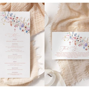 Menu de batismo rosa para meninas e cartão de agradecimento, menu de batismo para impressão editável, cartão de agradecimento de batismo de flores silvestres, cartão de batismo floral rosa