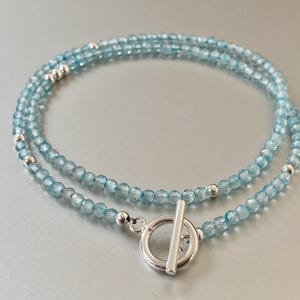 Blue Topaz Pearl Necklace, 925 Silver T-Bar Clasp, 925 Silver Beads, Thin Colorful Necklace, Gift for Her