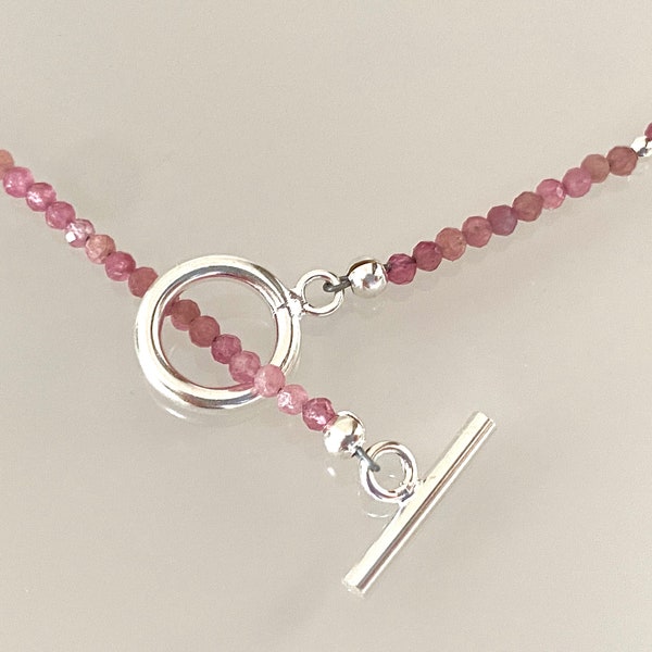 Tourmaline necklace, tourmaline beaded necklace, pink tourmaline, D clasp, 925 silver clasp, thin necklace, gift for her