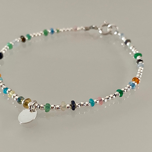 Bracelet perles opales multicolores, opales, opales d'Ethiopie, bracelet billes argent 925 et médaille, bracelet pop, opales naturelles