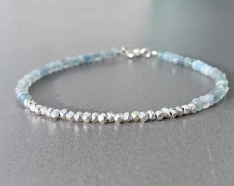 Aquamarine and silver bead bracelet, delicate blue bracelet, natural aquamarine, 925 silver beads, blue and silver bracelet