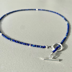 Lapis lazuli and silver necklace, lapis lazuli and silver bead necklace, T-bar clasp, 925 silver clasp, fine necklace