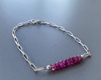 Silver and tourmaline bracelet, paperclip mesh bracelet and pink tourmaline, fine bracelet, gift for her