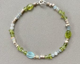Bracelet Tutti frutti, bracelet argent et perles topaze, turquoise, péridot, bracelet printanier, fermoir en T