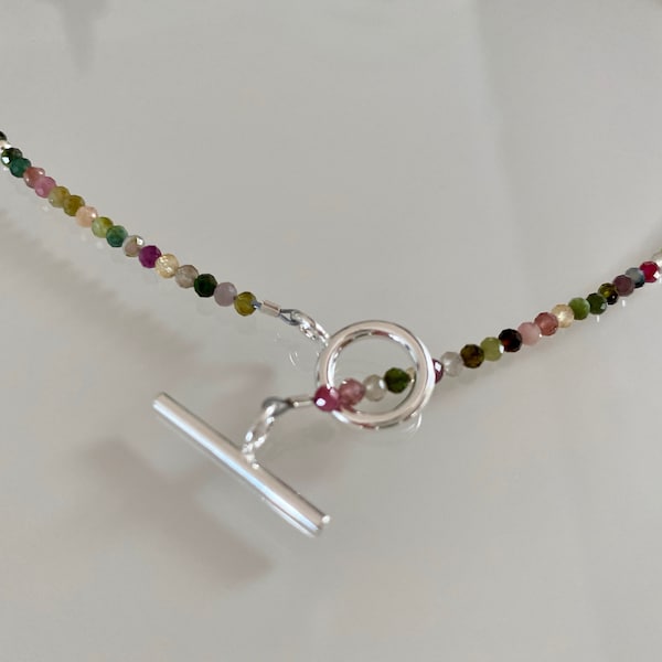 Tourmaline necklace, tourmaline bead necklace, multicolor tourmaline, D clasp, 925 silver clasp, thin necklace, colorful