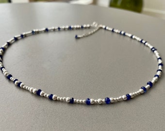 Blue sapphire and silver necklace, silver ball and blue sapphire necklaces, precious necklace, gift for her, natural blue sapphires