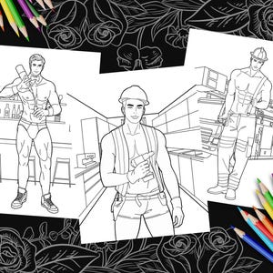 Men at Work - SET van 3 sexy volwassen kleurplaten - handgetekende illustraties, afdrukbare kleurplaat, digitale download