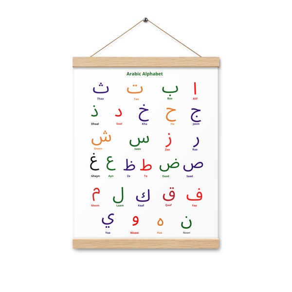 Arabisches Alphabet Poster A3, mit Holz Wandbehang, Alif Ba Ta, Lernposter, Arabisch lernen, Kinderzimmer Schlafzimmer, Wanddekoration