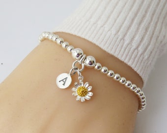Personalized Sterling Silver Initial Daisy Charm Stacking Bracelet