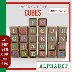 子供用アルファベットブロックパズル - レーザーカットファイル、SVG、CDR - モンテッソーリおもちゃ / 子供用 DIY アルファベットブロック - 学習玩具 モンテッソーリパズル