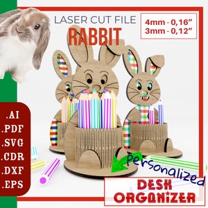 Organizador de mesa personalizado coelhinho da Páscoa para suporte de lápis Glowforge / Rabbit SVG