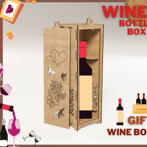 Romantic Wine box Laser cut files / Wine box with Sliding Lid / Gift box for wine bottle SVG / Wooden Bottle Box CNC file/ Gift box for wine
