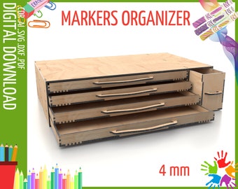 Storage box with drawers organizer SVG | Laser cut files, cnc file | Closet organizer for markers svg | Desk organizer SVG for plywood 4mm
