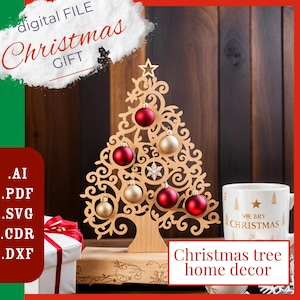 Decorazione natalizia Albero di Natale con 8 giocattoli File tagliati al laser / Albero di Natale su un supporto File cnc per decorazioni per la casa / Albero di Natale tagliato al laser