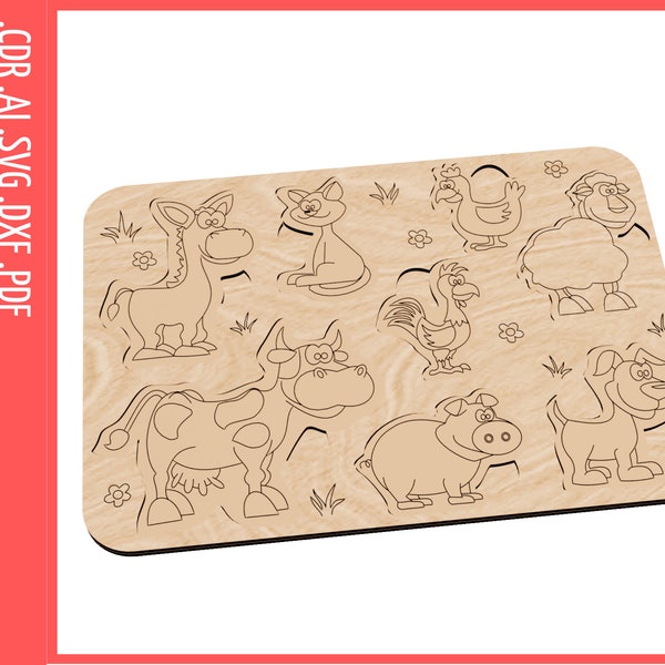 Puzzle Farm Animal Laser SVG / Laser cut files, SVG, CDR / Baby Puzzle cnc file / Glowforge cut files pattern / Montessori Animal puzzle svg