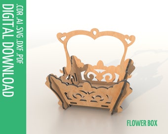 Fichiers découpés au laser de panier avec poignée / panier de fleurs en bois Dxf, Eps, Pdf, fichiers vectoriels Svg / panier décoratif Glowforge / bol de bonbons SVG