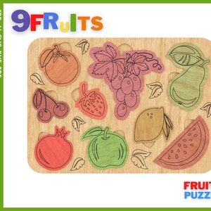 Puzzle pour bébé Fruit Fichiers découpés au laser, puzzle Montessori SVG, CDR / Fichier cnc de puzzle en bois pour bébé / Fichiers Glowforge, modèle CNC, découpé au laser